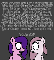 Size: 1275x1414 | Tagged: safe, artist:professorventurer, imported from derpibooru, pinkie pie, pipp petals, earth pony, pegasus, pony, series:ask pippamena, creepypasta, duo, duo female, explanation, female, g5, gray background, lesson, pinkamena diane pie, pippamena, quantum theory, simple background