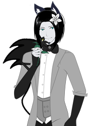 Size: 1300x1700 | Tagged: artist needed, safe, artist:decokenite, imported from derpibooru, chancellor neighsay, human, anime, clothes, cute, enceladus, enceladus but he's real, flower, flower in hair, humanized, looking at someone, male, roblox, simple background, suit, tail, transparent background, tuxedo