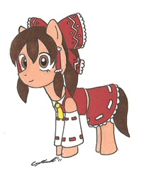 Size: 594x733 | Tagged: safe, artist:cqmorrell, imported from derpibooru, earth pony, pony, bow, clothes, crossover, female, hakurei reimu, mare, miko, ponified, simple background, skirt, solo, touhou, traditional art, white background