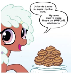 Size: 750x787 | Tagged: safe, artist:carla speed mcneil, idw, imported from derpibooru, toffee truffle, earth pony, pony, friends forever, spoiler:comic, dialogue, female, mare, simple background, solo, white background