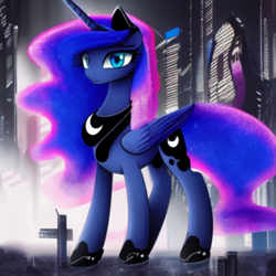Size: 1024x1024 | Tagged: safe, editor:dovakkins, imported from derpibooru, princess luna, alicorn, pony, ai content, ai generated, crown, cyberpunk, female, g4, generator:purplesmart.ai, generator:stable diffusion, jewelry, looking at you, mare, regalia, simple background, slim, smiling, smiling at you, solo