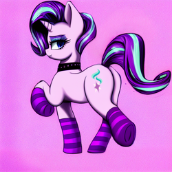 Size: 1024x1024 | Tagged: safe, imported from derpibooru, starlight glimmer, pony, unicorn, ai content, ai generated, butt, choker, clothes, female, generator:pony diffusion v1, generator:stable diffusion, looking at you, looking back, looking back at you, mare, plot, prompter:siber, raised leg, socks, solo, striped socks