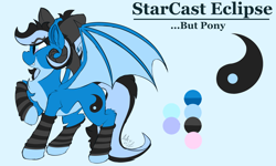 Size: 2500x1500 | Tagged: safe, artist:starcasteclipse, imported from derpibooru, oc, oc only, oc:starcast, bat pony, pony, bow, cutie mark, fangs, female, hair bow, horns, raised hoof, reference sheet, side view, smiling, solo