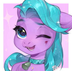 Size: 1354x1349 | Tagged: safe, artist:fedos, imported from derpibooru, oc, oc only, oc:romdiel, crystal pony, pony, bell, bell collar, blood, blue eyes, collar, slave, smiling, sparkles