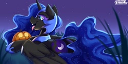 Size: 3000x1500 | Tagged: safe, artist:shadowreindeer, imported from derpibooru, nightmare moon, alicorn, pony, butt, dock, fangs, female, forked tongue, halloween, helmet, holiday, hoof shoes, horn, jack-o-lantern, mare, night, open mouth, open smile, peytral, plot, pumpkin, smiling, solo, spread wings, tail, tongue out, wings