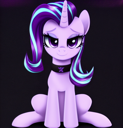 Size: 1024x1062 | Tagged: safe, imported from derpibooru, starlight glimmer, pony, unicorn, ai content, ai generated, choker, cute, eyeshadow, female, generator:pony diffusion v1, generator:stable diffusion, lidded eyes, looking at you, makeup, mare, prompter:siber, sitting, smiling, smiling at you, solo