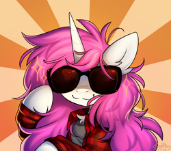 Size: 3400x3000 | Tagged: safe, artist:gicme, imported from derpibooru, oc, oc:bubblegum kiss, pony, unicorn, clothes, glasses, shirt, simple background, solo, sunglasses