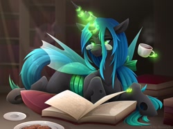 Size: 1032x773 | Tagged: safe, artist:buvanybu, imported from derpibooru, queen chrysalis, twilight sparkle, changeling, changeling queen, pony, alternate hairstyle, book, cup, female, food, g4, glasses, library, looking down, lying down, magic, pillow, plate, ponytail, prone, saucer, solo focus, telekinesis