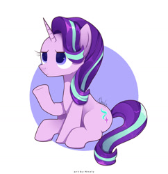 Size: 1280x1324 | Tagged: safe, artist:nnaly, imported from derpibooru, starlight glimmer, pony, unicorn, female, frown, horn, mare, raised hoof, simple background, sitting, solo, starlight glimmer is not amused, unamused, white background