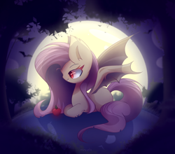 Size: 2050x1800 | Tagged: safe, artist:miryelis, imported from derpibooru, fluttershy, bat, bat pony, pony, apple, bat ponified, bat wings, big ears, flutterbat, food, forest, halloween, holiday, long hair, lying down, moon, race swap, red eyes, smiling, solo, spread wings, wings