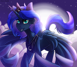 Size: 1436x1252 | Tagged: safe, artist:yuris, imported from derpibooru, princess luna, alicorn, pony, cloud, ears up, female, jewelry, moon, night, regalia, smiling, solo, spread wings, wings