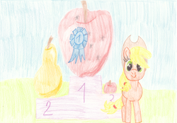 Size: 2000x1391 | Tagged: safe, artist:ragmo, imported from derpibooru, applejack, pony, apple, blue ribbon, colored pencil drawing, food, pear, podium, traditional art