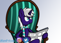 Size: 3508x2481 | Tagged: safe, artist:memprices, derpibooru exclusive, imported from derpibooru, oc, oc only, oc:night blaze, pony, unicorn, armchair, chair, clip studio paint, clothes, colored, commission, down beat bear, exploitable meme, frown, high res, logo, meme, newspaper, newspaper meme, ponified, ponified meme, reaction image, scarf, social media, striped scarf, tom and jerry, tom reading the newspaper