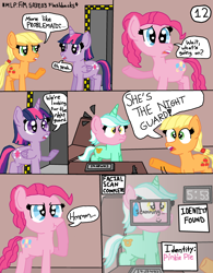 Size: 2550x3267 | Tagged: safe, artist:alyssafire, artist:nightshadowmlp, imported from derpibooru, applejack, lyra heartstrings, pinkie pie, twilight sparkle, alicorn, earth pony, unicorn, comic:five am at pinkie's: the prequel, comic, exclamation point, female, interrobang, mare, mask, question mark, shocked, shocked expression, smiley face, sweat, sweatdrop, text, twilight sparkle (alicorn)