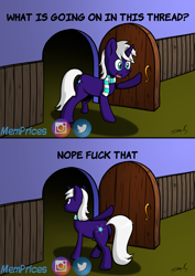 Size: 2481x3508 | Tagged: safe, artist:memprices, derpibooru exclusive, imported from derpibooru, oc, oc only, oc:night blaze, pony, unicorn, catdog, clip studio paint, clothes, colored, comic strip, commission, door, exploitable meme, high res, logo, meme, open mouth, opened dor, perspective, ponified, reaction image, scarf, smiling, social media, swearing, text, turnaround, vulgar, walking away, wall, winslow t oddfellow, wooden door, wooden wall