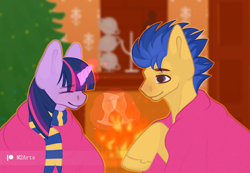 Size: 1280x885 | Tagged: safe, artist:macyw, imported from derpibooru, flash sentry, twilight sparkle, alicorn, earth pony, pony, 2021, christmas, clothes, couple, duo, fanart, female, fire, fireplace, flashlight, happy new year, holiday, love, male, new year, romantic, scarf, shipping, straight, striped scarf, twilight sparkle (alicorn)