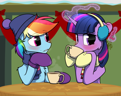 Size: 6499x5148 | Tagged: safe, artist:dacaoo, imported from derpibooru, rainbow dash, twilight sparkle, pegasus, pony, unicorn, best gift ever, blushing, chocolate, clothes, cup, cute, duo, duo female, earmuffs, female, food, hat, hot chocolate, lesbian, magic, mistletoe, scarf, shipping, shoes, striped scarf, telekinesis, this will end in kisses, twidash, unicorn twilight, winter outfit