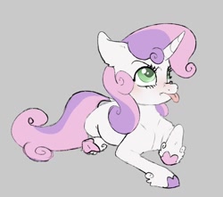 Size: 844x745 | Tagged: safe, artist:woollyart, imported from derpibooru, sweetie belle, pony, unicorn, :p, blushing, colored hooves, female, filly, foal, g4, gray background, grumpy, looking up, lying down, prone, simple background, solo, tongue out, underhoof, unshorn fetlocks