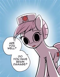 Size: 2510x3230 | Tagged: safe, artist:/d/, artist:vultraz, imported from derpibooru, nurse redheart, earth pony, pony, abstract background, brain damage, female, hat, looking at you, meme, ponified meme, reaction image, reference, scott pilgrim vs the world, solo, speech, speech bubble, talking