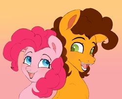 Size: 1070x875 | Tagged: safe, artist:woollyart, imported from derpibooru, cheese sandwich, pinkie pie, earth pony, pony, cheesepie, eye contact, female, gradient background, looking at each other, looking at someone, looking back, male, mare, open mouth, open smile, shipping, smiling, stallion, straight