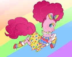 Size: 1009x798 | Tagged: safe, artist:woollyart, imported from derpibooru, pinkie pie, earth pony, pony, alternate hairstyle, clothes, clown, dress, eyeshadow, female, hoof shoes, lidded eyes, looking back, makeup, mare, open mouth, open smile, rainbow eyeshadow, rainbow socks, smiling, socks, solo, striped socks