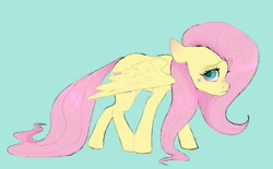 Size: 1265x784 | Tagged: safe, artist:woollyart, imported from derpibooru, fluttershy, pegasus, pony, aside glance, blushing, colored eartips, ear blush, female, floppy ears, freckles, g4, long tail, looking at you, mare, partially open wings, shy, simple background, slumped, solo, tail, teal background, walking, wings