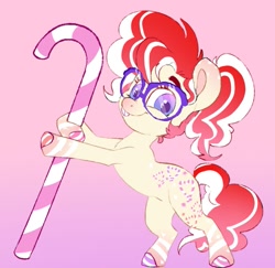 Size: 919x893 | Tagged: safe, artist:woollyart, imported from derpibooru, twist, earth pony, pony, alternate cutie mark, bipedal, bipedal leaning, candy, candy cane, colored hooves, female, filly, foal, food, g4, glasses, leaning, looking at you, redesign, simple background, smiling, solo