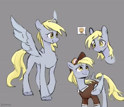Size: 4096x3550 | Tagged: safe, artist:laymy, imported from derpibooru, derpy hooves, pegasus, pony, blushing, female, food, gray background, high res, mailmare, mailmare uniform, mare, muffin, pictogram, simple background, smiling, solo, speech bubble, spread wings, unshorn fetlocks, wings