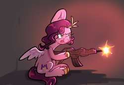 Size: 640x440 | Tagged: safe, artist:kreeeeeez, imported from derpibooru, pipp petals, pegasus, pony, badass, colored hooves, colored wings, crown, eye clipping through hair, female, g5, gun, jewelry, mare, no pupils, reddit, regalia, shiny mane, sitting, solo, tongue out, unshorn fetlocks, weapon, wings