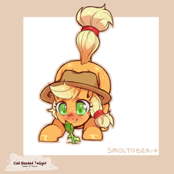 Size: 1200x1200 | Tagged: safe, artist:cold-blooded-twilight, imported from derpibooru, applejack, earth pony, pony, applejack's hat, ass up, blushing, butt freckles, cowboy hat, crouching, cute, dock, female, filly, freckles, g4, hat, heart, heart eyes, jackabetes, looking at something, looking down, plant, raised tail, signature, smiling, solo, sprout, tail, wingding eyes
