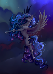 Size: 2748x3798 | Tagged: safe, artist:1an1, imported from derpibooru, princess luna, alicorn, pony, belly, belly fluff, chest fluff, curly hair, curly mane, curly tail, raised hoof, slim, solo, spread wings, tail, thin legs, wings