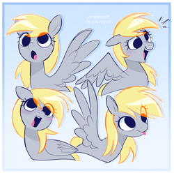 Size: 2372x2357 | Tagged: safe, artist:syrupyyy, imported from derpibooru, derpy hooves, pegasus, pony, :o, :p, blushing, cute, derpabetes, emanata, eye clipping through hair, female, floppy ears, mare, open mouth, open smile, ponytober, smiling, solo, spread wings, tongue out, wings