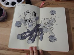 Size: 4000x3000 | Tagged: safe, artist:cutepencilcase, imported from derpibooru, derpy hooves, pegasus, pony, clothes, female, flying, food, hoodie, mare, muffin, open mouth, open smile, smiling, solo, traditional art