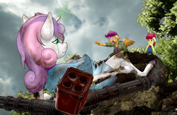 Size: 3212x2094 | Tagged: safe, artist:fluffyorbiter, imported from derpibooru, apple bloom, scootaloo, sweetie belle, anthro, robot, unguligrade anthro, broken, broken horn, cliff, cloud, covering mouth, crying, cutie mark crusaders, destabilize, disheveled, falling, female, filly, foal, glowing, glowing eyes, gynoid, horn, mechanic, minigun, rocket launcher, sad, screaming, smoke, sparks, sweetie bot, teenager, this will end in tears, trio