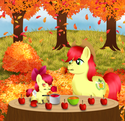 Size: 1656x1606 | Tagged: safe, artist:bezierballad, imported from derpibooru, apple bloom, bright mac, earth pony, apple, autumn, autumn leaves, baby, baby apple bloom, bowl, candy apple (food), father and child, father and daughter, female, filly, foal, food, leaf pile, leaves, male, pot, stallion, tree, tree stump, younger