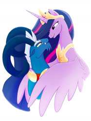 Size: 1280x1708 | Tagged: safe, artist:imperiialfrost, imported from derpibooru, grogar, twilight sparkle, alicorn, pony, sheep, the last problem, crown, duo, female, jewelry, male, mare, older, older twilight, princess twilight 2.0, regalia, shipping, simple background, smiling, straight, twigar, twilight sparkle (alicorn), white background