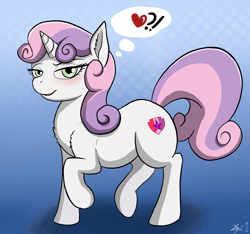 Size: 1957x1835 | Tagged: safe, artist:xyi, imported from derpibooru, sweetie belle, pony, unicorn, bedroom eyes, blushing, female, filly, foal, heart, looking at you, solo, thought bubble