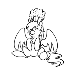 Size: 2000x2000 | Tagged: safe, artist:shiiiny, imported from derpibooru, derpy hooves, pegasus, chest fluff, eyes closed, female, food, g4, mare, monochrome, muffin, open mouth, open smile, ponytober, simple background, sitting, sketch, smiling, solo, spread wings, white background, wings