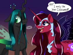 Size: 1957x1468 | Tagged: artist needed, safe, imported from derpibooru, nightmare moon, queen chrysalis, oc, alicorn, changeling, changeling queen, pony, clothes, costume, eye clipping through hair, fake cutie mark, fake wings, female, floppy ears, gulp, happy, nervous, smiling, sweat, sweatdrops