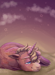 Size: 2000x2700 | Tagged: safe, artist:eggoatt, imported from twibooru, oc, oc only, oc:space cadet, pony, unicorn, cloud, happy, image, lying down, png, sky, stars