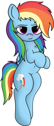 Size: 1355x3158 | Tagged: safe, artist:mark_ml, imported from ponybooru, rainbow dash, pegasus, pony, bedroom eyes, belly button, blushing, chest fluff, cute, female, looking at you, mare, messy mane, nyan nyan dance, solo, standing, underhoof, wide hips