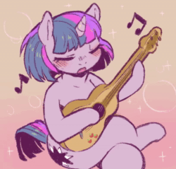 Size: 800x766 | Tagged: safe, artist:cold-blooded-twilight, edit, imported from derpibooru, sound edit, twilight sparkle, pony, unicorn, cold blooded twilight, animated, applejack's cutie mark, blushing, dexterous hooves, eyes closed, fangs, female, freeverse software, guitar, intentionally bad, jared: the butcher of song, luna de xelajú, mare, music, musical instrument, sound, spanish, unicorn twilight, webm