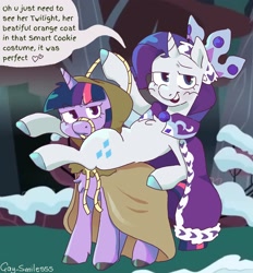 Size: 1900x2048 | Tagged: safe, artist:gay_smilesss, imported from derpibooru, clover the clever, princess platinum, rarity, twilight sparkle, pony, unicorn, hearth's warming eve (episode), bridle, chest fluff, dialogue, implied lesbian, implied rarijack, implied shipping, lidded eyes, ponies riding ponies, rarity riding twilight, riding, riding a pony, tack, unamused