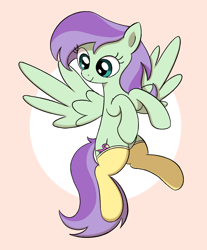 Size: 1346x1624 | Tagged: safe, artist:algoatall, violet twirl, pegasus, pony, clothes, female, flying, friendship student, mare, pink background, simple background, smiling, socks, solo, spread wings, wings