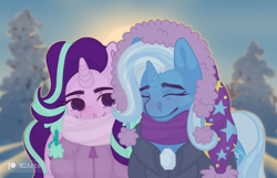 Size: 1920x1236 | Tagged: safe, artist:sam2up, imported from derpibooru, starlight glimmer, trixie, pony, unicorn, clothes, couple, cute, eyes closed, forest, morning, scarf, smiling, snow, walking, winter