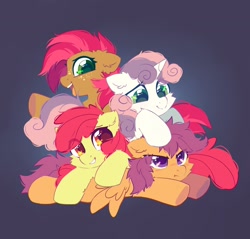 Size: 2300x2200 | Tagged: safe, artist:mirtash, imported from derpibooru, apple bloom, babs seed, scootaloo, sweetie belle, earth pony, pegasus, pony, unicorn, adorababs, adorabloom, cheek fluff, cousins, cute, cutealoo, cutie mark crusaders, diasweetes, ear fluff, eye clipping through hair, female, filly, foal, freckles, g4, gradient background, grumpy, lying down, open mouth, pony pile, pouting, prone, purple background, scootaloo is not amused, siblings, simple background, smiling, spread wings, unamused, wings