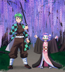 Size: 727x800 | Tagged: safe, artist:riouku, imported from derpibooru, princess flurry heart, spike, human, clothes, commission, costume, cute, demon slayer, humanized, kimetsu no yaiba, nezuko kamado, nightmare night, sword, tanjiro kamado, uncle spike, weapon