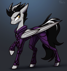 Size: 1936x2063 | Tagged: safe, artist:fenixdust, imported from derpibooru, oc, oc only, oc:bail, pegasus, pony, black and white mane, bodysuit, clothes, commission, folded wings, large wings, looking back, male, pegasus oc, pony oc, raised hoof, serious, serious face, slim, solo, stallion, standing, thin, uniform, wings, yellow eyes