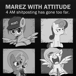 Size: 3600x3600 | Tagged: safe, artist:vultraz, imported from derpibooru, bon bon, fluttershy, rainbow dash, sweetie drops, trixie, earth pony, pegasus, pony, unicorn, album cover, baseball cap, cap, cigarette, female, glowing, glowing horn, grayscale, hat, headband, horn, magic, magic aura, mare, monochrome, nft, nwa, open mouth, peanuts, smoking, spread wings, telekinesis, text, vulgar, wings, you're going to love me