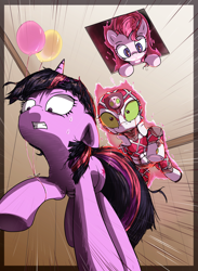 Size: 3070x4205 | Tagged: safe, artist:vultraz, imported from derpibooru, pinkie pie, twilight sparkle, earth pony, pony, unicorn, balloon, ceiling pony, elevator, epitaph (stand), female, gritted teeth, jojo's bizarre adventure, king crimson, mare, ponified, shocked, stand, sweat, teeth